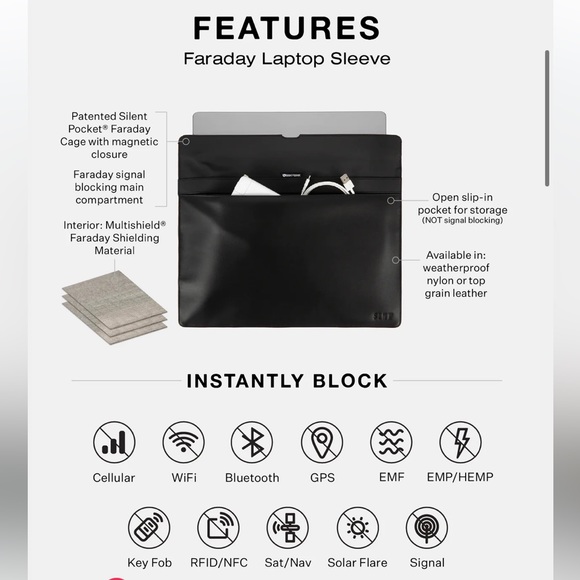 SLNT Leather Laptop Sleeve Block:WiFi,Bluetooth,GPS, RFID,NFC,Satellite,etc NEW! - Picture 2 of 12